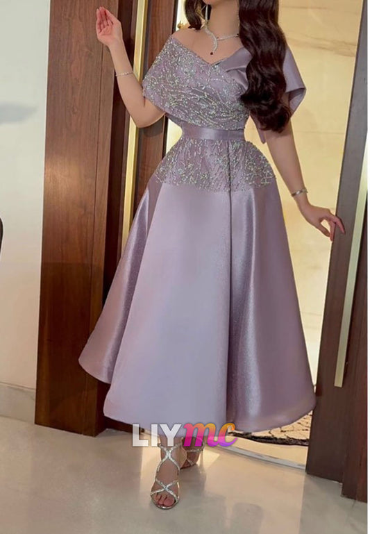 V-Neck Sequins Appliques A-Line Evening Dress