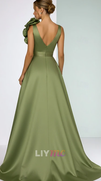 V-Neck Sequins Appliques Satin Mother of Bride Dress