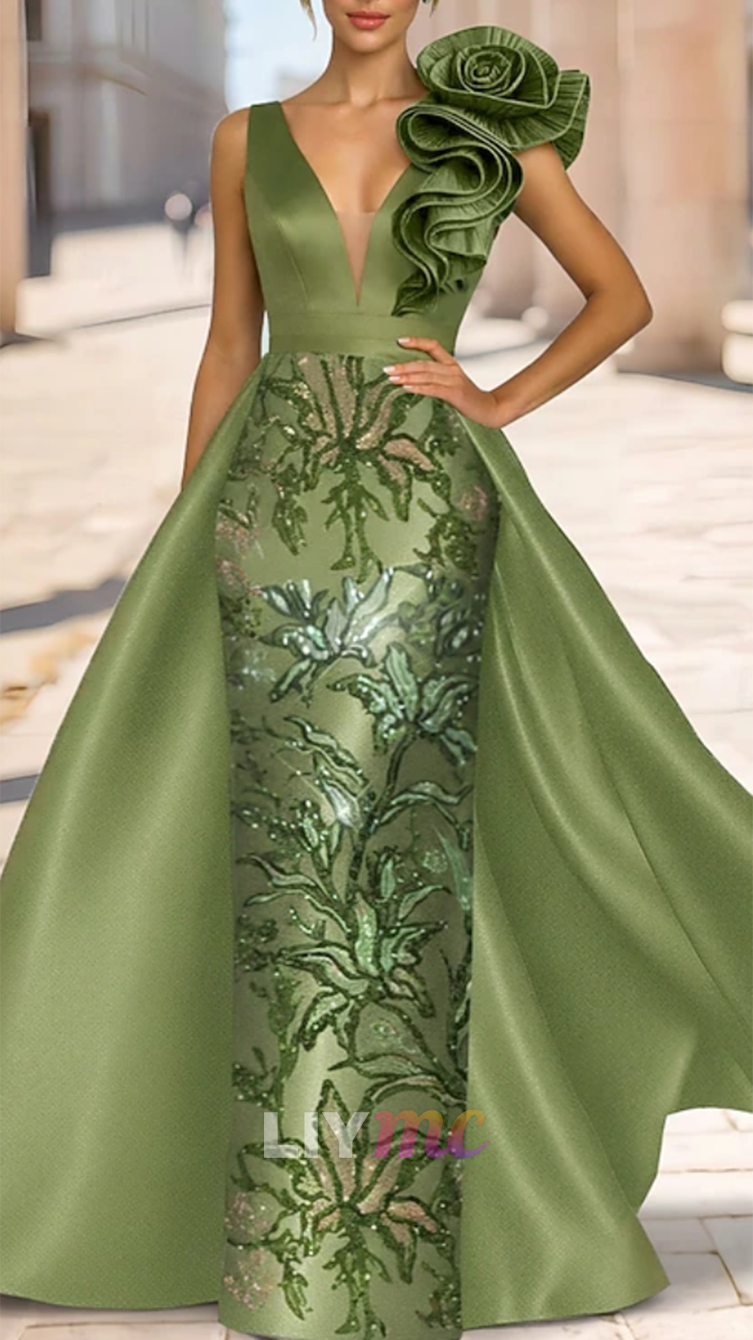V-Neck Sequins Appliques Satin Mother of Bride Dress