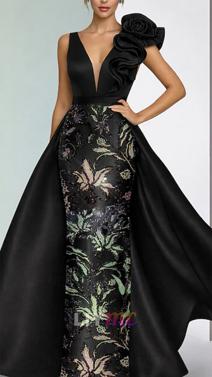 V-Neck Sequins Appliques Satin Mother of Bride Dress