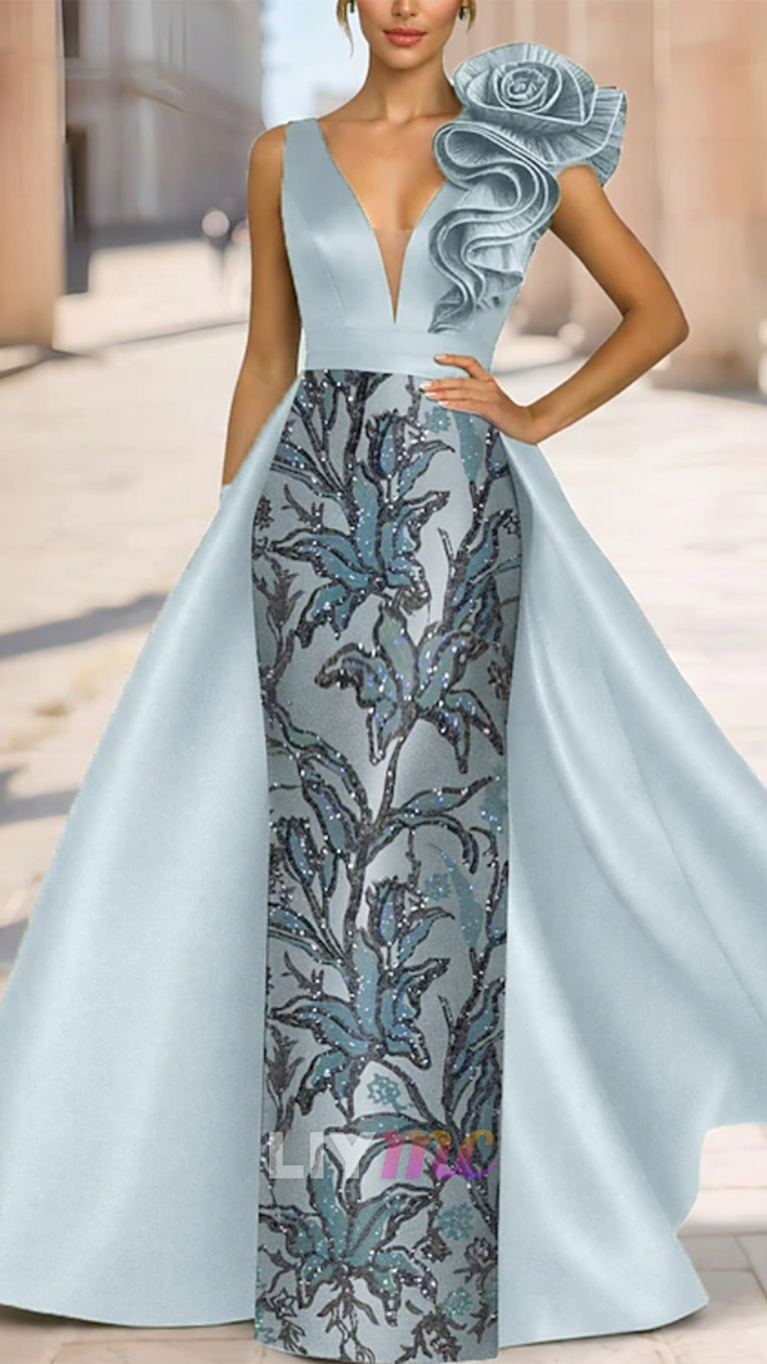 V-Neck Sequins Appliques Satin Mother of Bride Dress