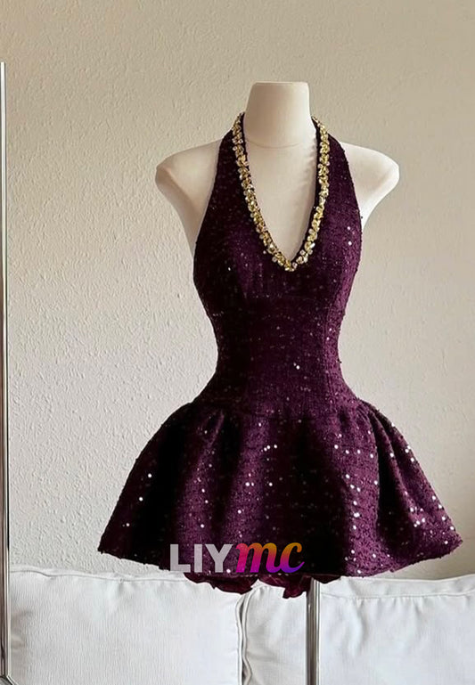 V-Neck Sequins Beaded Sparkly A-Line Party Homecoming Dress