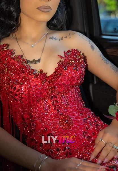 V-Neck Sequins Beaded Sparkly Mermaid Prom Dress for Black Girls