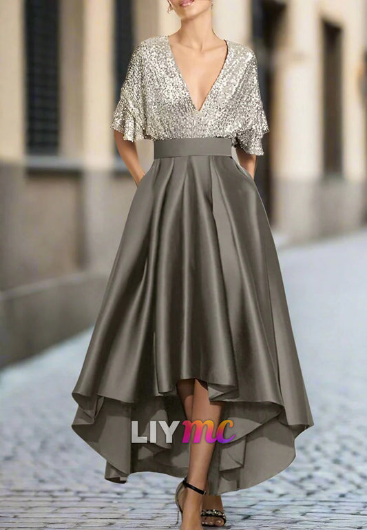 V-Neck Sequins Short Sleeves A-Line Mother of Bride Dress