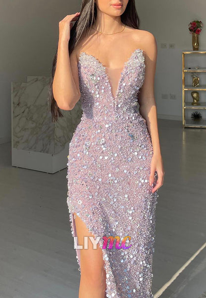 V-Neck Sequins Side Slit Sparkly A-Line Prom Dress