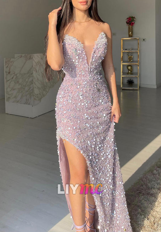 V-Neck Sequins Side Slit Sparkly A-Line Prom Dress