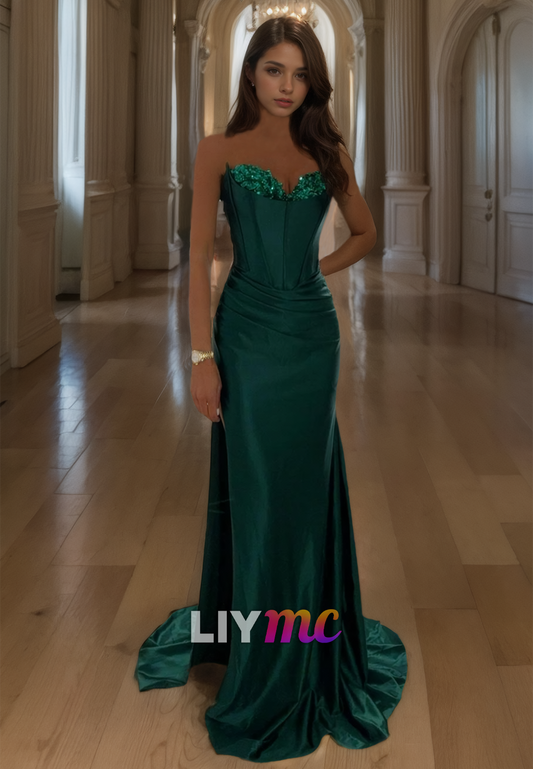 V-Neck Sequins Sleeveless Ruched Sleek Mermaid Prom Dress