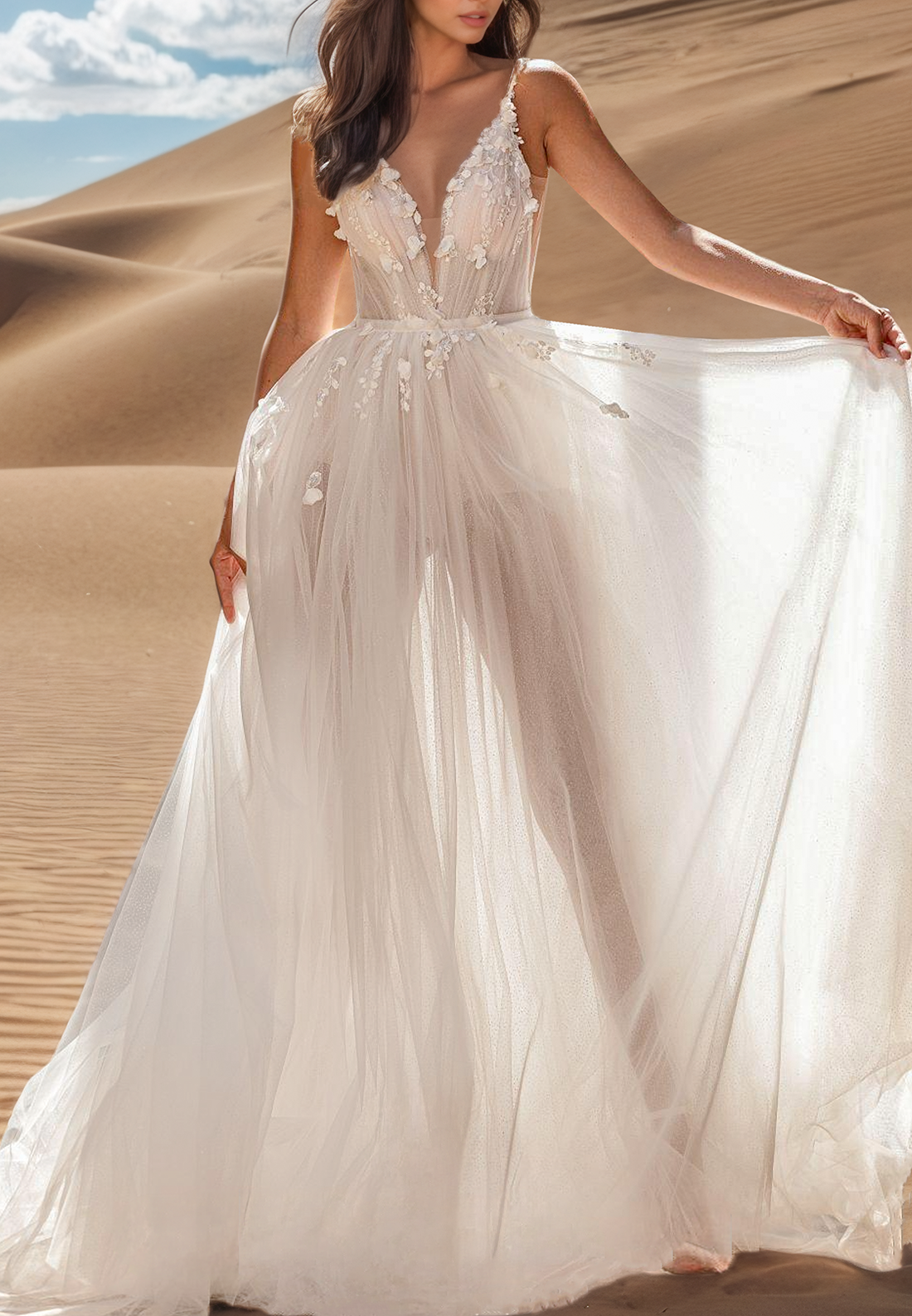 V-Neck Sheer Appliques Spaghetti Straps A-Line Beach Wedding Dress