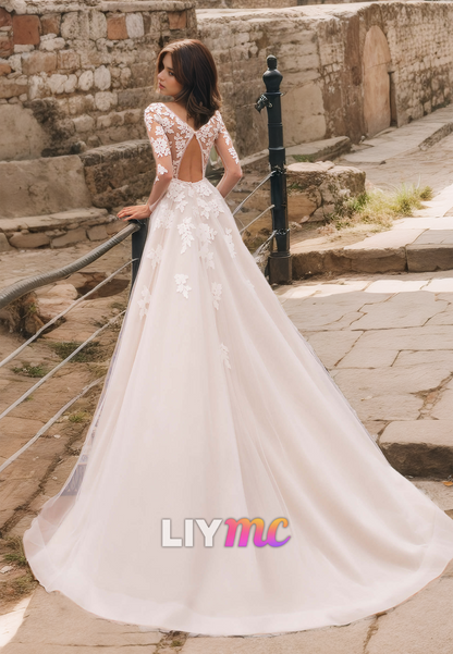 V-Neck Sheer Long Sleeves Lace Appliques Tulle A-Line Wedding Dress