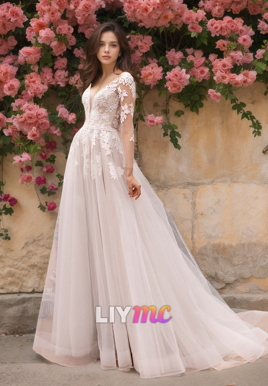 V-Neck Sheer Long Sleeves Lace Appliques Tulle A-Line Wedding Dress