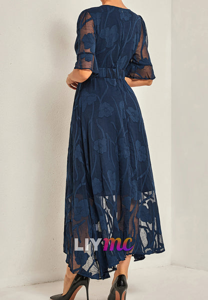 V-Neck Short Sleeves Appliques A-Line Midi Mother of Bride Dress