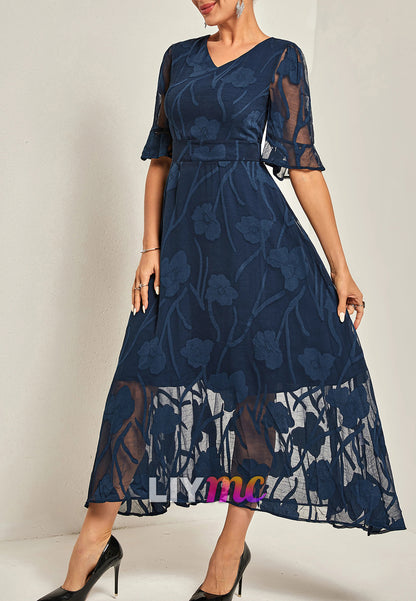 V-Neck Short Sleeves Appliques A-Line Midi Mother of Bride Dress