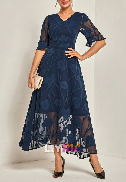 V-Neck Short Sleeves Appliques A-Line Midi Mother of Bride Dress