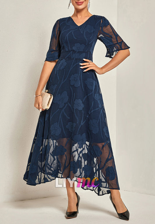 V-Neck Short Sleeves Appliques A-Line Midi Mother of Bride Dress