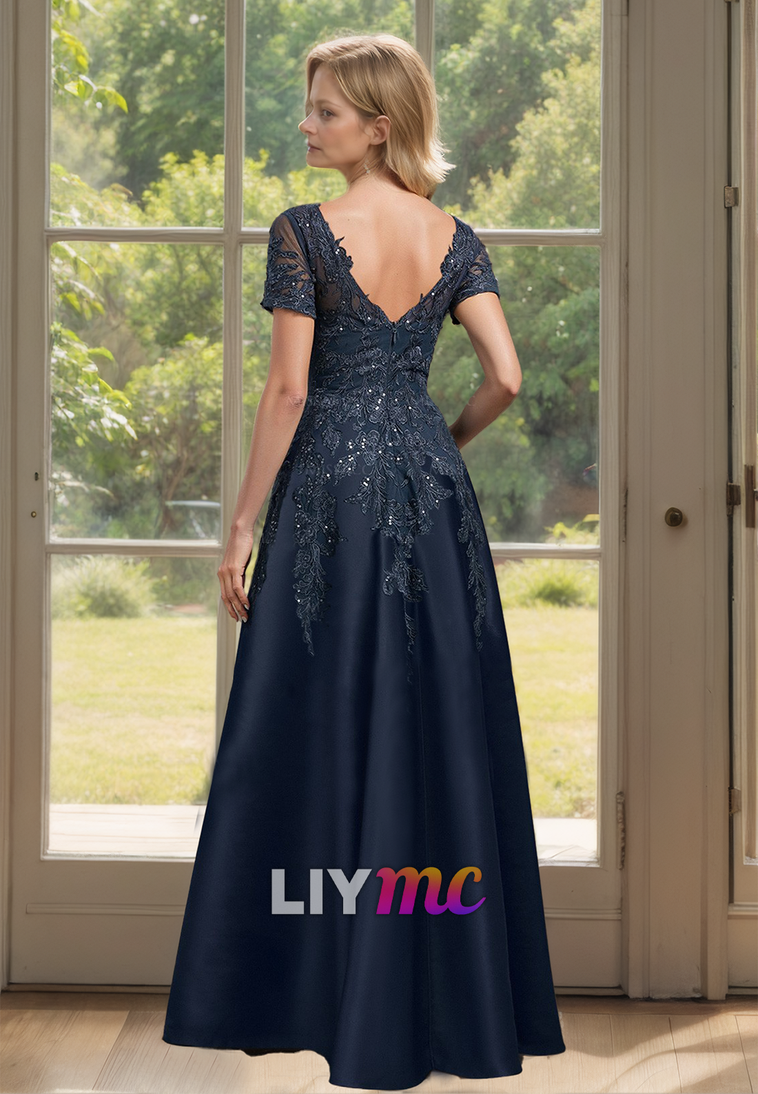 V-Neck Short Sleeves Appliques Pleated Satin A-Line Mother of Bride Dress