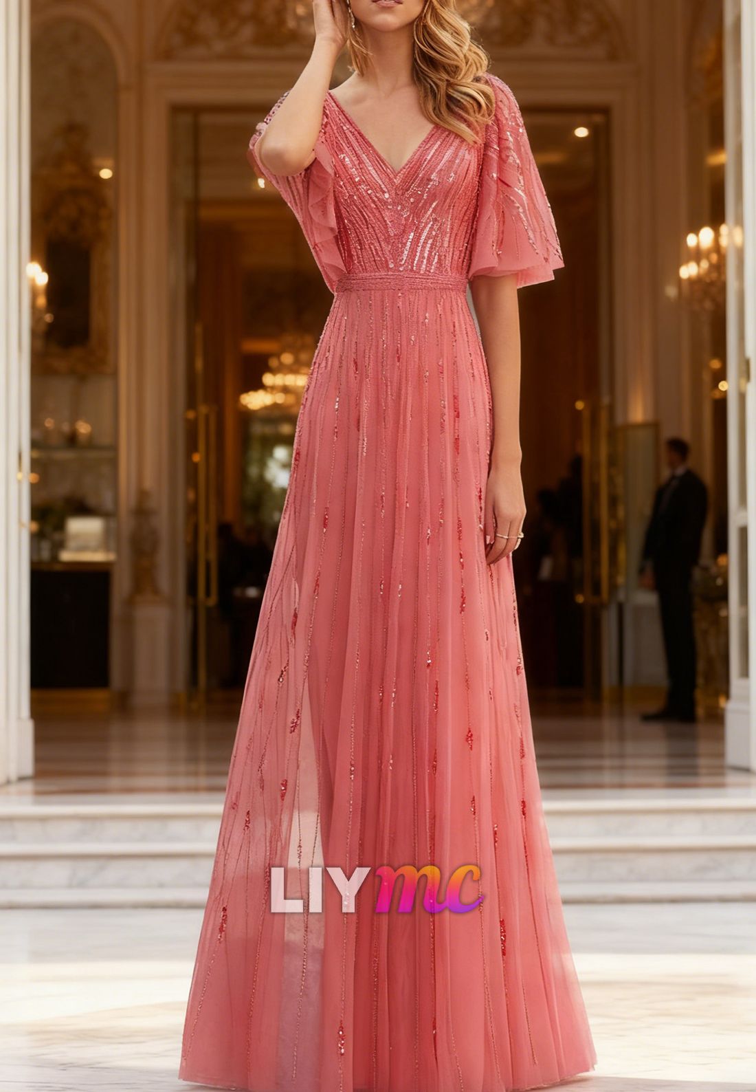 V-Neck Short Sleeves Beaded Embroidery A-Line Mothe of Bride Dress