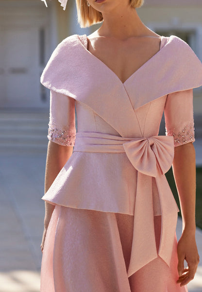 V-Neck Short Sleeves Bowknot A-Line Mother of Bride Dress