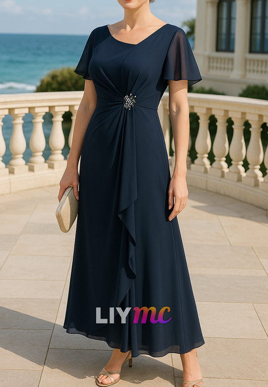 V-Neck Short Sleeves Chiffon A-Line Mother of Bride Dress