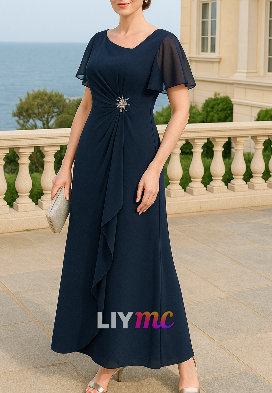 V-Neck Short Sleeves Chiffon A-Line Mother of Bride Dress