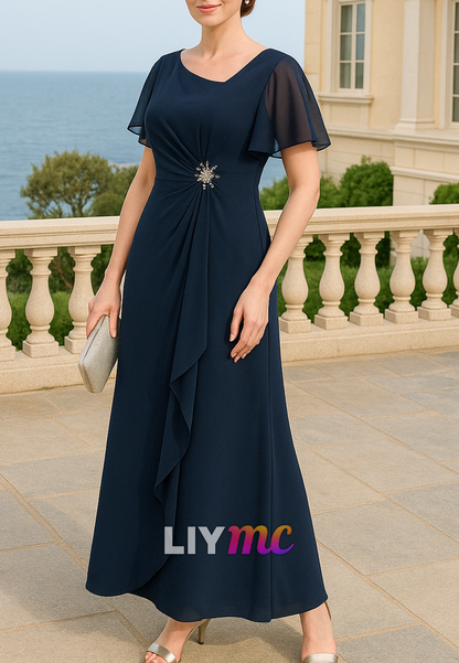 V-Neck Short Sleeves Chiffon A-Line Mother of Bride Dress