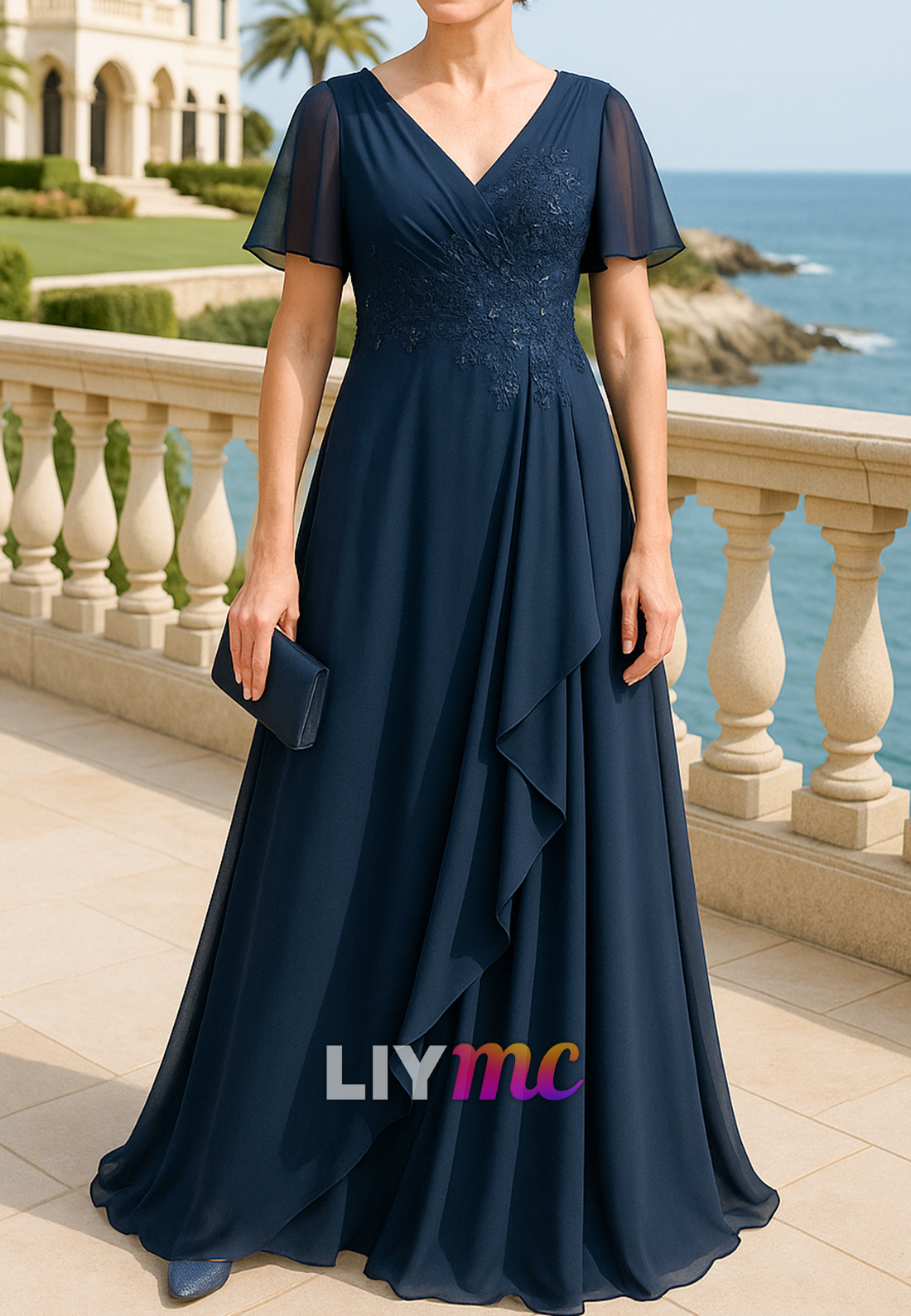 V-Neck Short Sleeves Chiffon Appliques A-Line Mother of Bride Dress