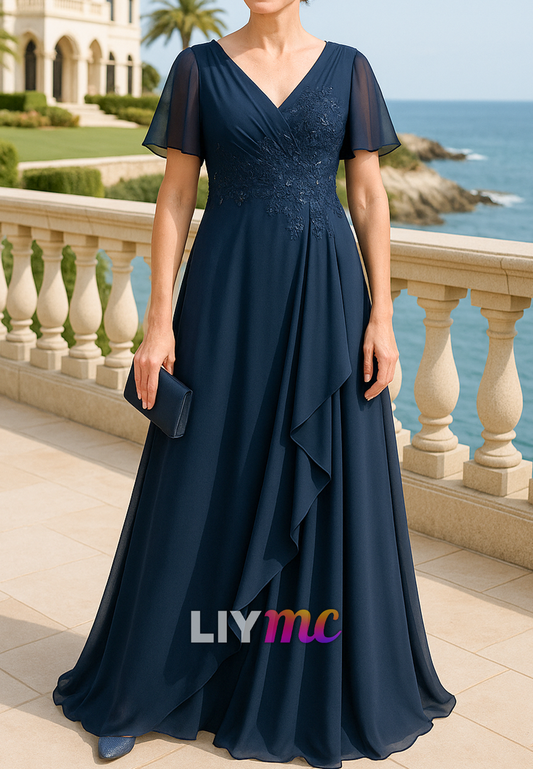 V-Neck Short Sleeves Chiffon Appliques A-Line Mother of Bride Dress