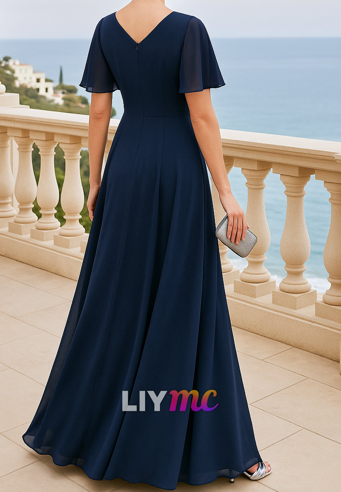 V-Neck Short Sleeves Chiffon Appliques A-Line Mother of Bride Dress