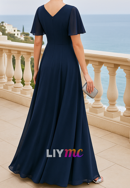 V-Neck Short Sleeves Chiffon Appliques A-Line Mother of Bride Dress