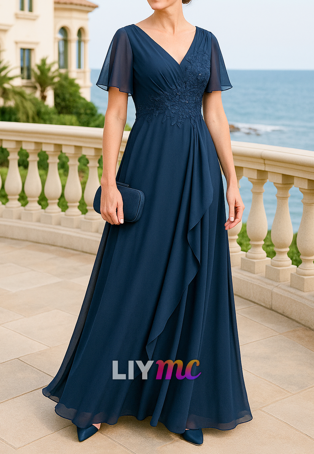 V-Neck Short Sleeves Chiffon Appliques A-Line Mother of Bride Dress