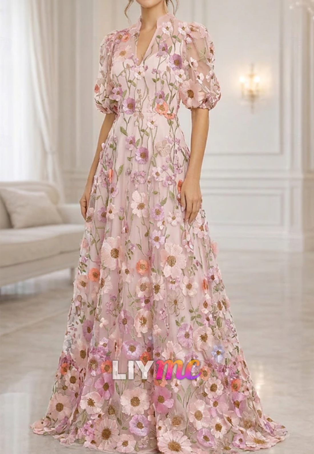 V-Neck Short Sleeves Floral Printed A-Line Mother of Bride Dress