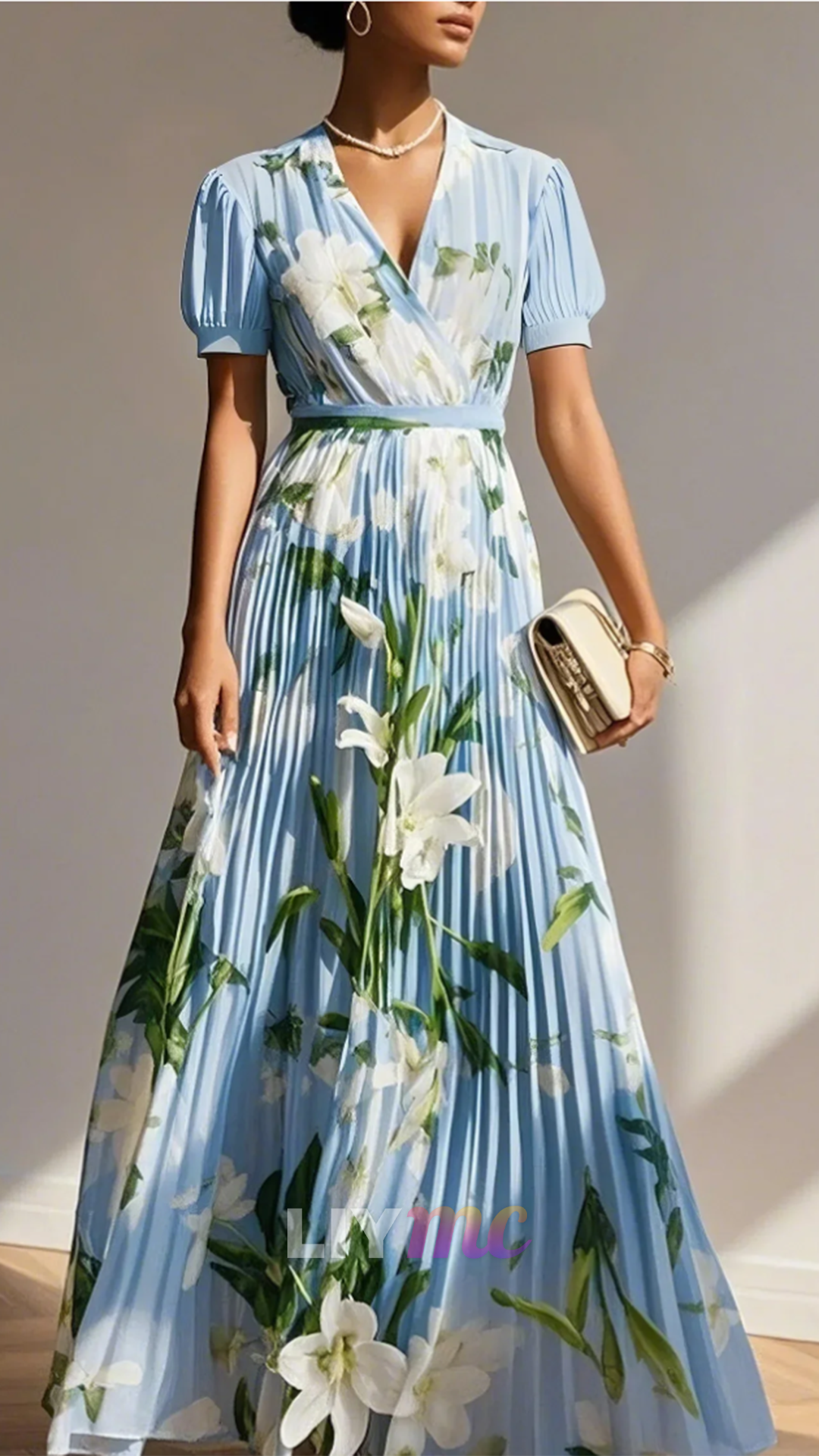 V-Neck Short Sleeves Floral Printed Pleated A-Line Wedding Guest Dress