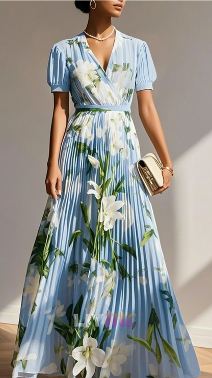 V-Neck Short Sleeves Floral Printed Pleated A-Line Wedding Guest Dress