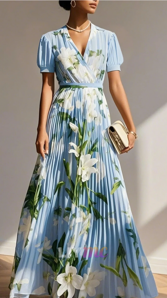 V-Neck Short Sleeves Floral Printed Pleated A-Line Wedding Guest Dress