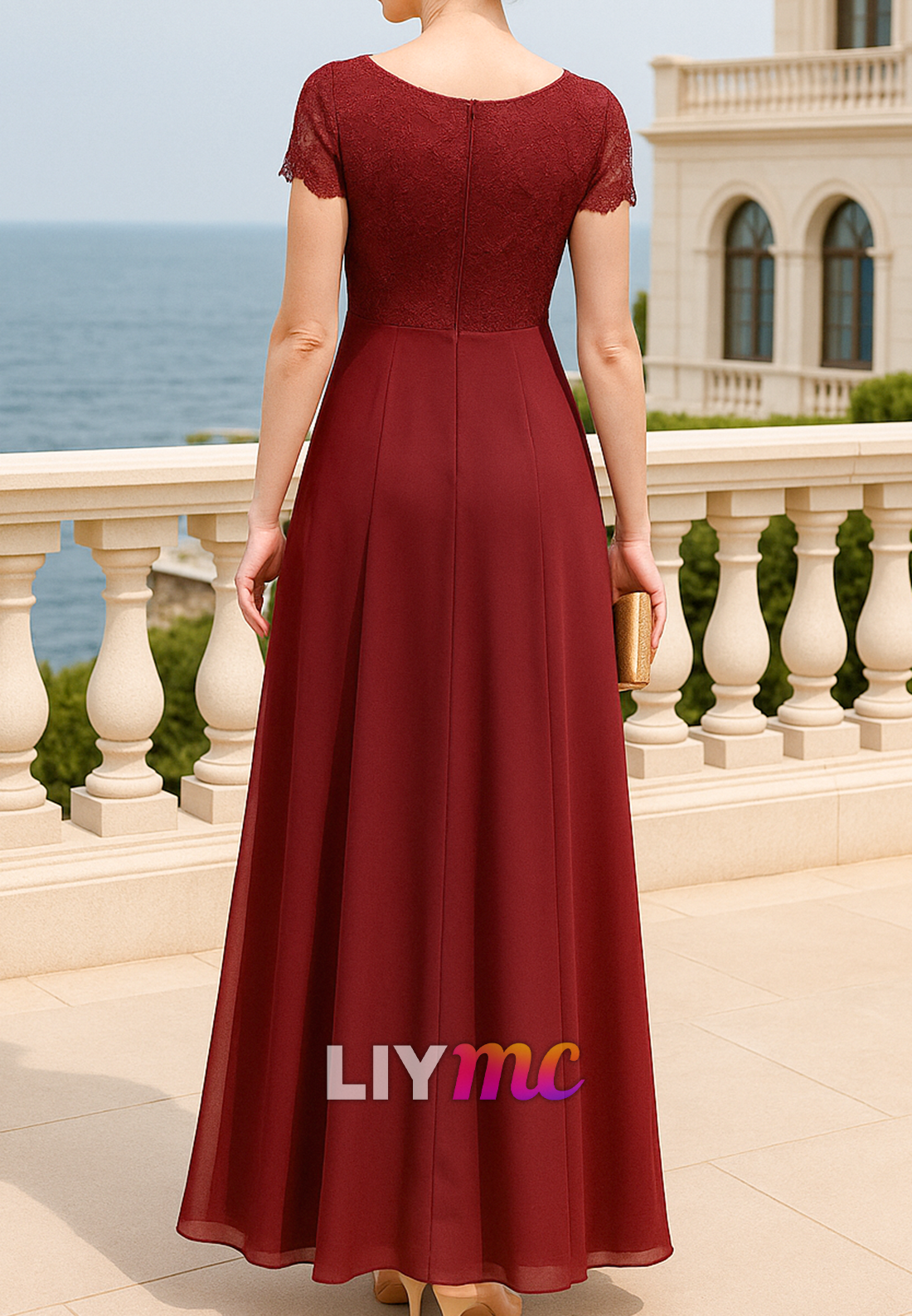 V-Neck Short Sleeves Lace Appliques A-Line Mother of Bride Dress