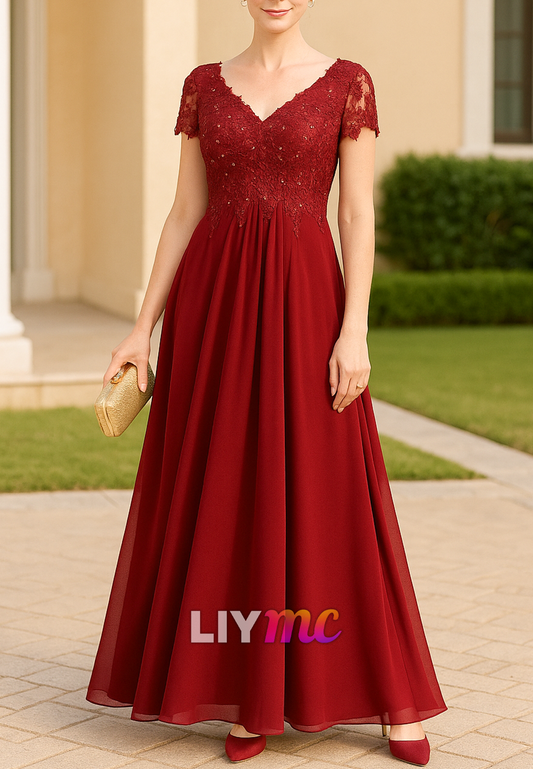 V-Neck Short Sleeves Lace Appliques A-Line Mother of Bride Dress
