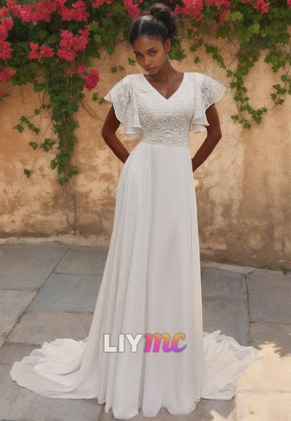 V-Neck Short Sleeves Lace Appliques Pleated A-Line Wedding Dress