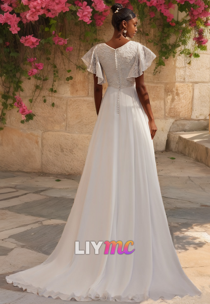 V-Neck Short Sleeves Lace Appliques Pleated A-Line Wedding Dress