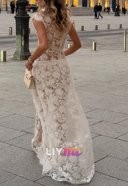 V-Neck Short Sleeves Lace Wedding Jumpsuits