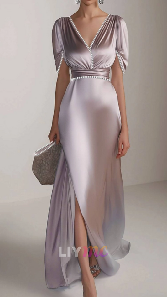 V-Neck Short Sleeves Pearl A-Line Cocktail Dress