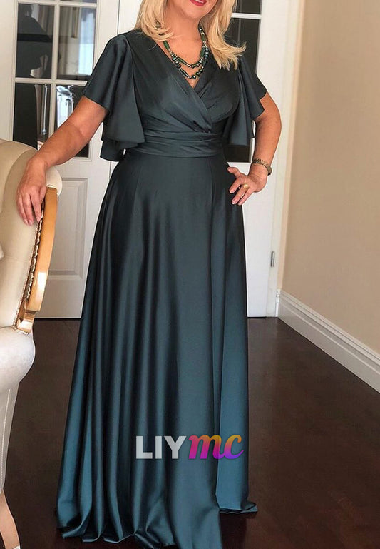 V-Neck Short Sleeves Pleated A-Line Mother of Bride Dress