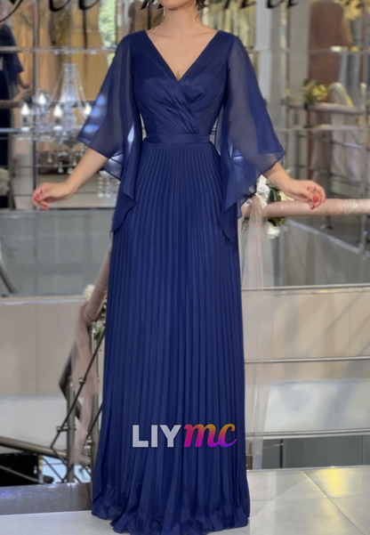 V-Neck Short Sleeves Pleated A-Line Mother of Bride Dress