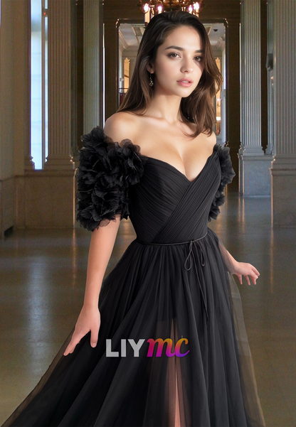 V-Neck Short Sleeves Pleated Tulle Side Slit A-Line Prom Dress