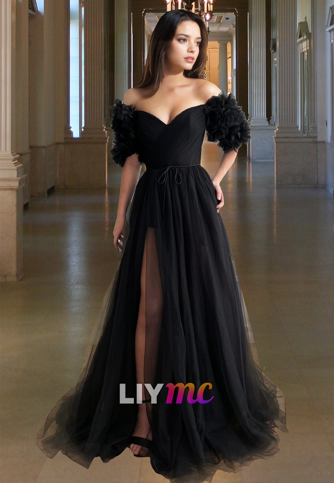 V-Neck Short Sleeves Pleated Tulle Side Slit A-Line Prom Dress