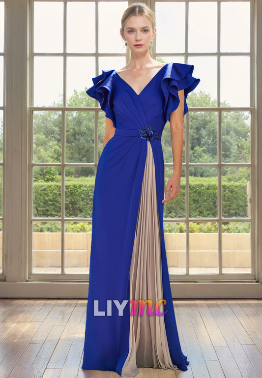 V-Neck Short Sleeves Ruched A-Line Pleated Mother of Bride Dress Cocktail Dress