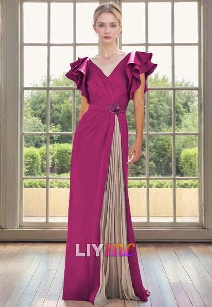 M1178 - V-Neck Cocktail Dress Pleated Ruffled A-Line Mother of Bride Dress