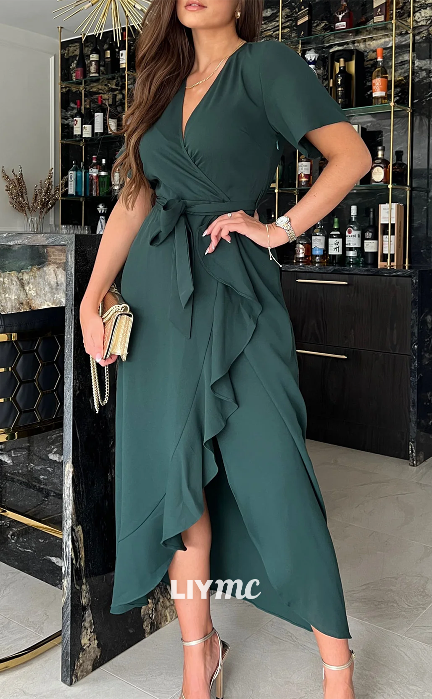 M1098 - V-Neck Short Sleeves Ruffled Side Slit Wedding Guest Dress Mother of Bride Dress