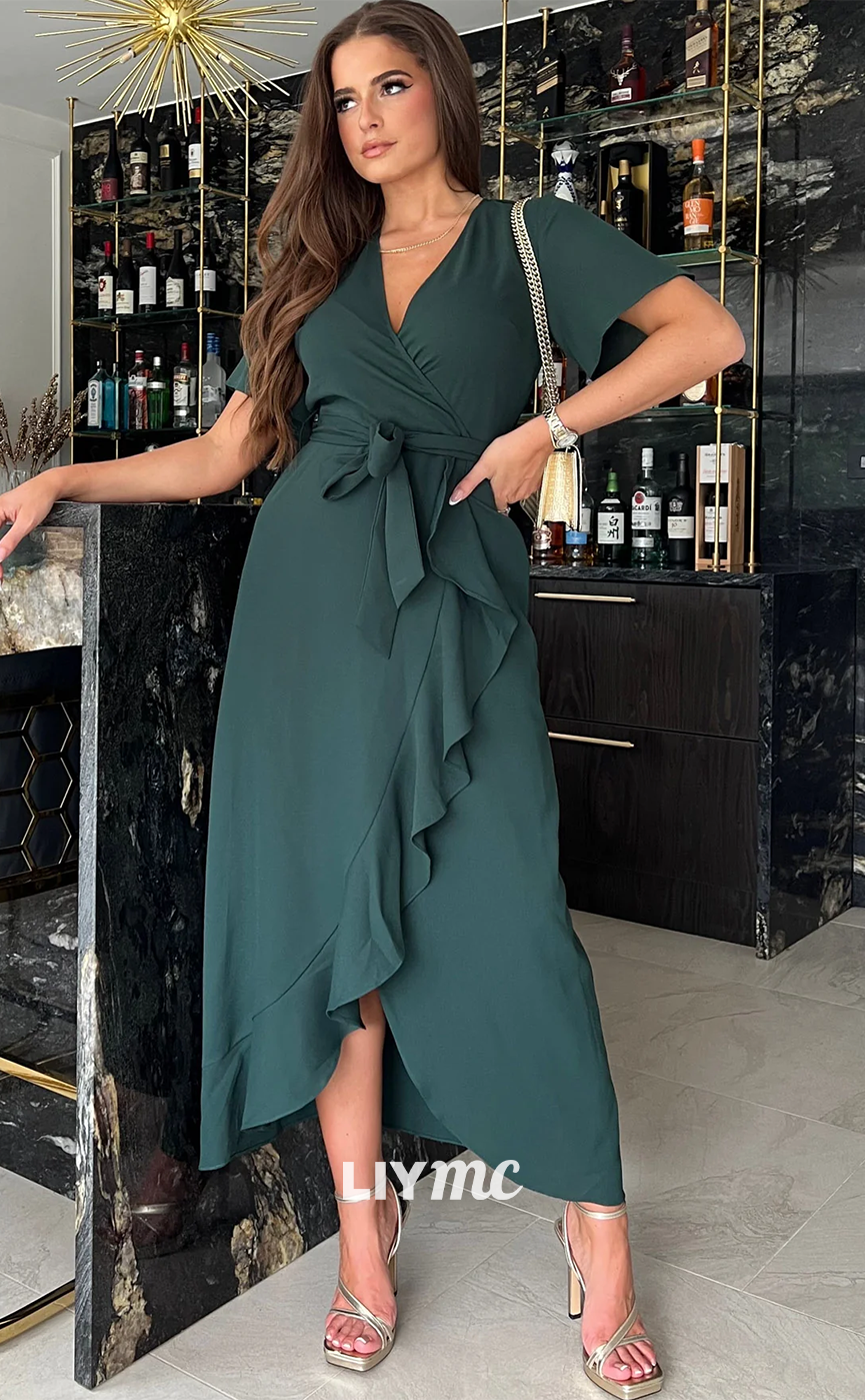 M1098 - V-Neck Short Sleeves Ruffled Side Slit Wedding Guest Dress Mother of Bride Dress