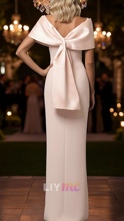 V-Neck Short Sleeves Satin Sheath Mother of Bride Dress