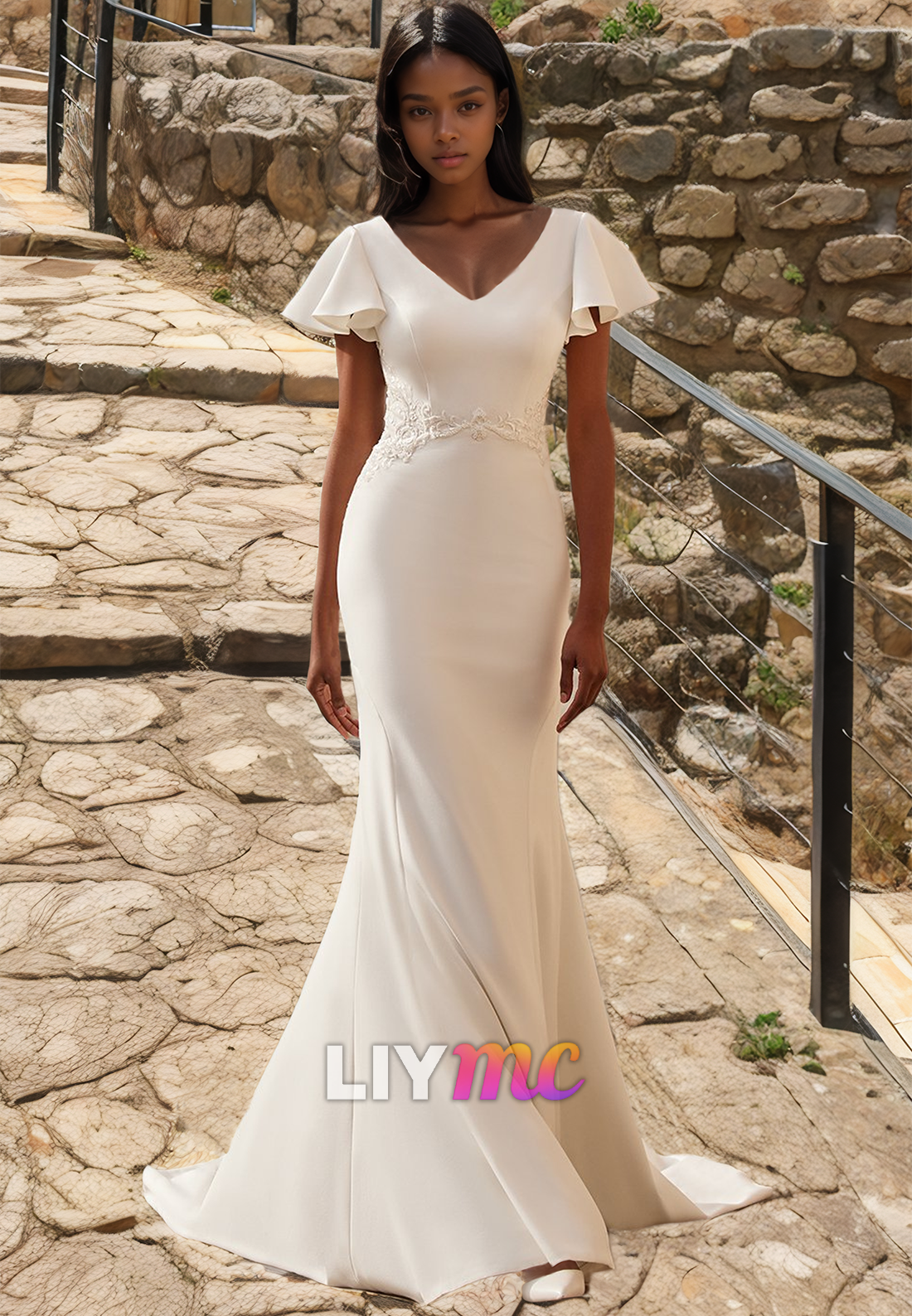 V-Neck Short Sleeves Sleek Mermaid Beach Wedding Dress