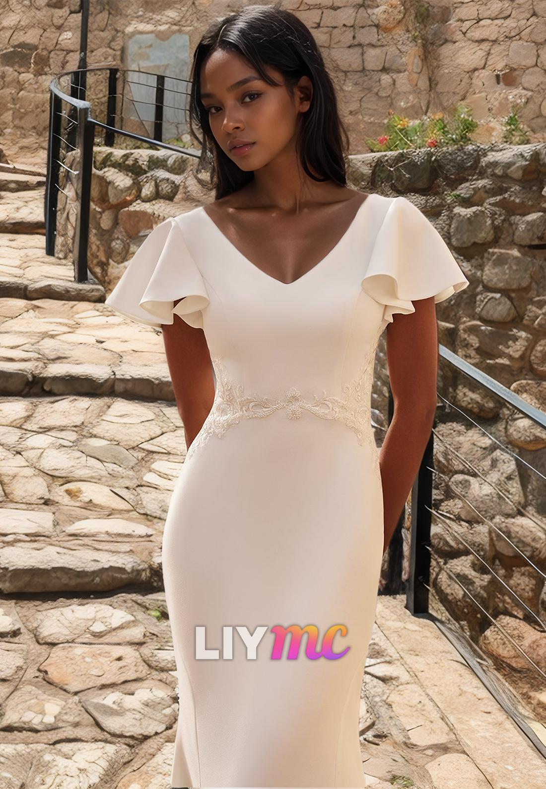 V-Neck Short Sleeves Sleek Mermaid Beach Wedding Dress